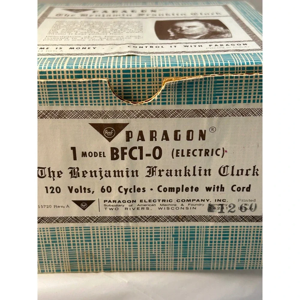 Vintage Benjamin Franklin Clock Paragon Electric BFC1-0 Single Hand Boxed USA